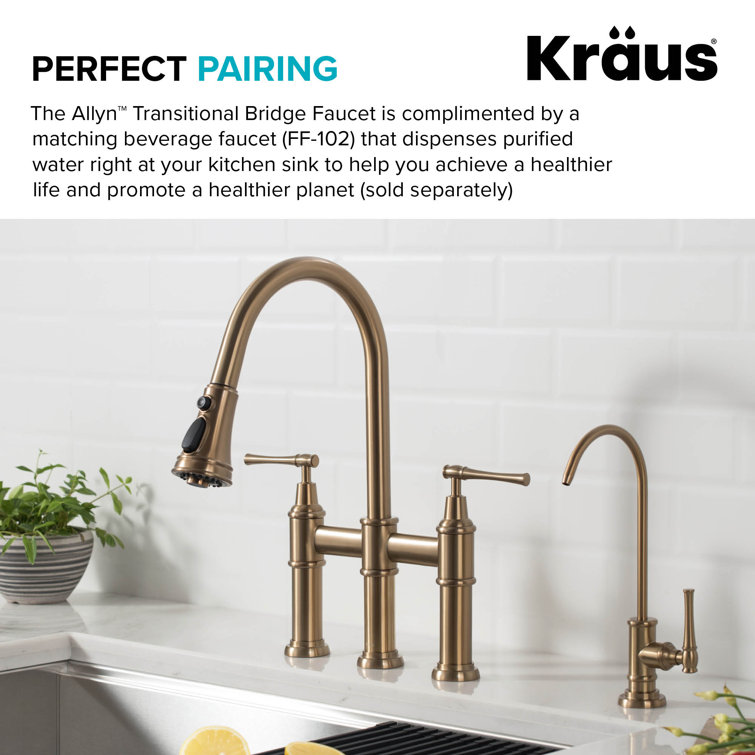Brushed Gold Stainless Steel Bridge Kitchen Faucet with Pull-Down Sprayhead
