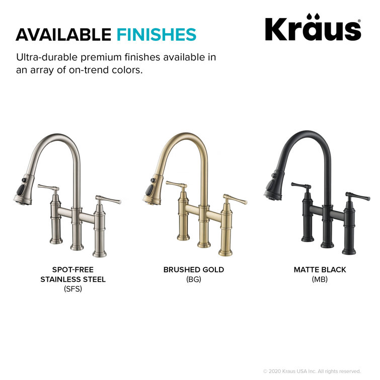 Brushed Gold Stainless Steel Bridge Kitchen Faucet with Pull-Down Sprayhead