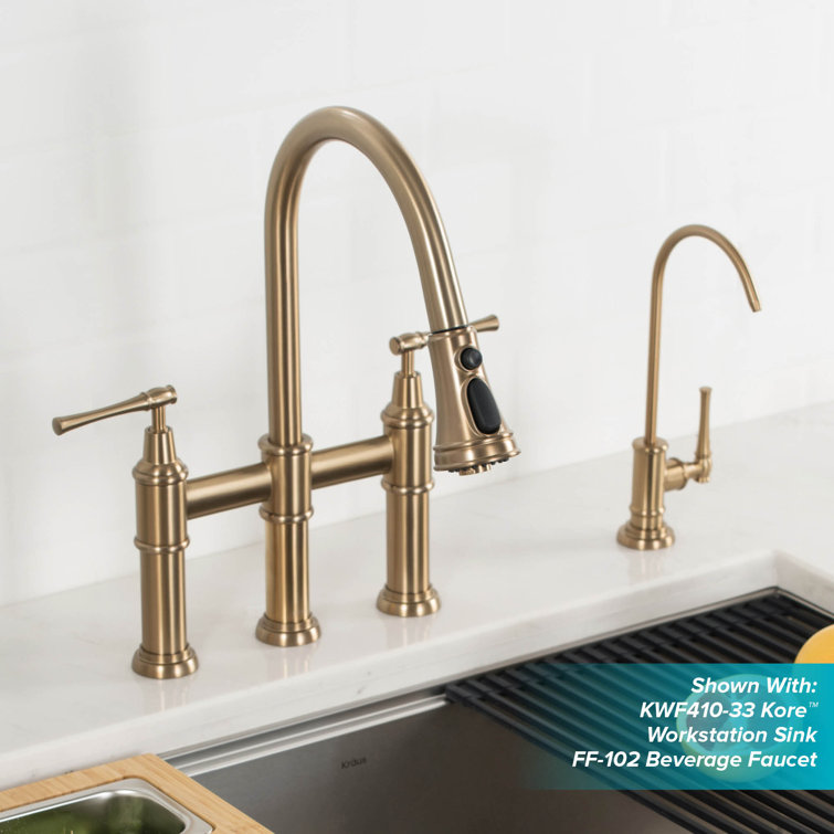 Brushed Gold Stainless Steel Bridge Kitchen Faucet with Pull-Down Sprayhead