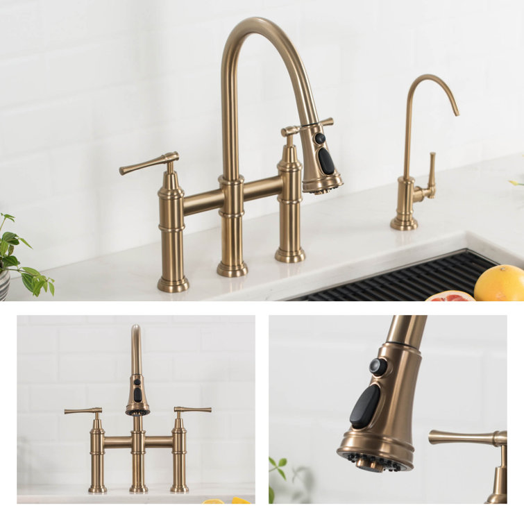 Brushed Gold Stainless Steel Bridge Kitchen Faucet with Pull-Down Sprayhead