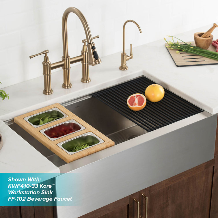 Brushed Gold Stainless Steel Bridge Kitchen Faucet with Pull-Down Sprayhead