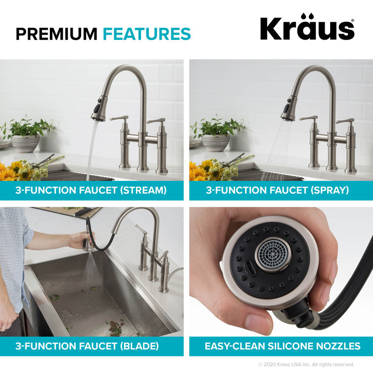 Brushed Gold Stainless Steel Bridge Kitchen Faucet with Pull-Down Sprayhead