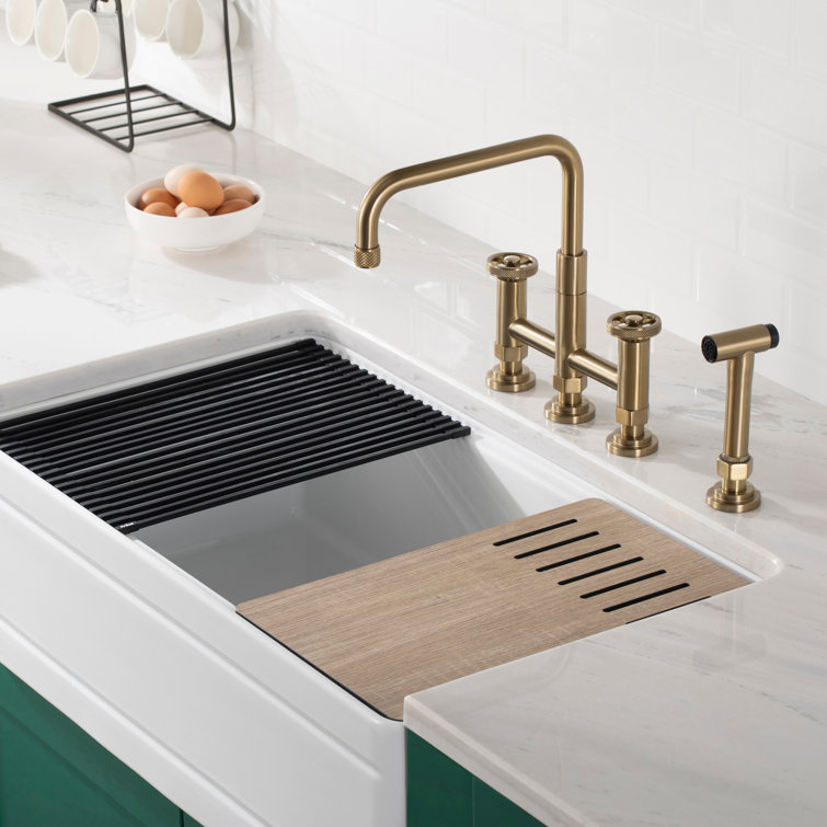 Urbix Brushed Gold Stainless Steel Bridge Faucet with Side Sprayer