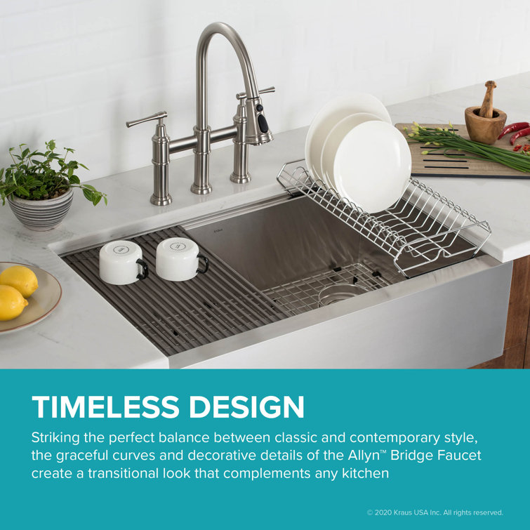 Stainless Steel Bridge Kitchen Faucet with Pull-out Spray and Filter