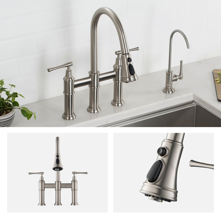 Stainless Steel Bridge Kitchen Faucet with Pull-out Spray and Filter
