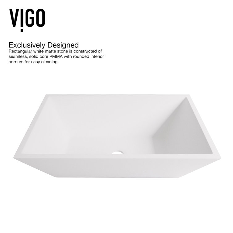 Sleek White Matte Stone 18" Rectangular Vessel Bathroom Sink Set
