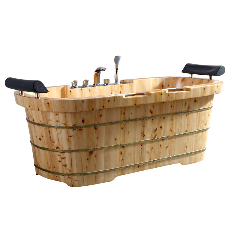 65'' Natural Cedar Wood Freestanding Soaking Bathtub with Fixtures