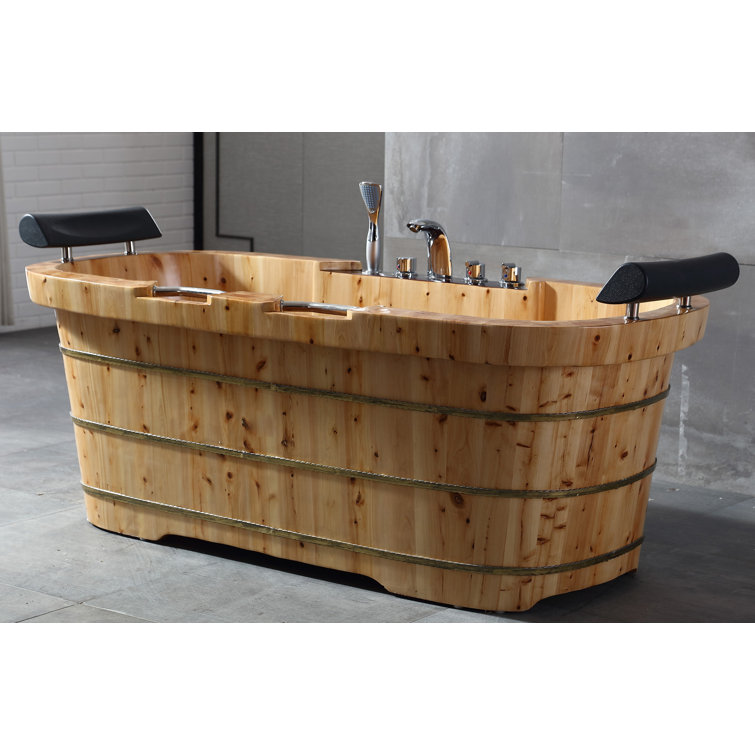 65'' Natural Cedar Wood Freestanding Soaking Bathtub with Fixtures