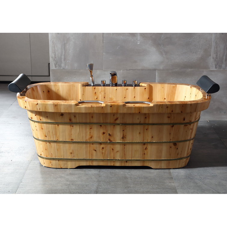 65'' Natural Cedar Wood Freestanding Soaking Bathtub with Fixtures