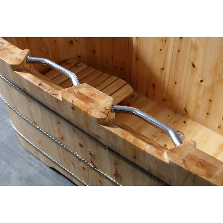 65'' Natural Cedar Wood Freestanding Soaking Bathtub with Fixtures