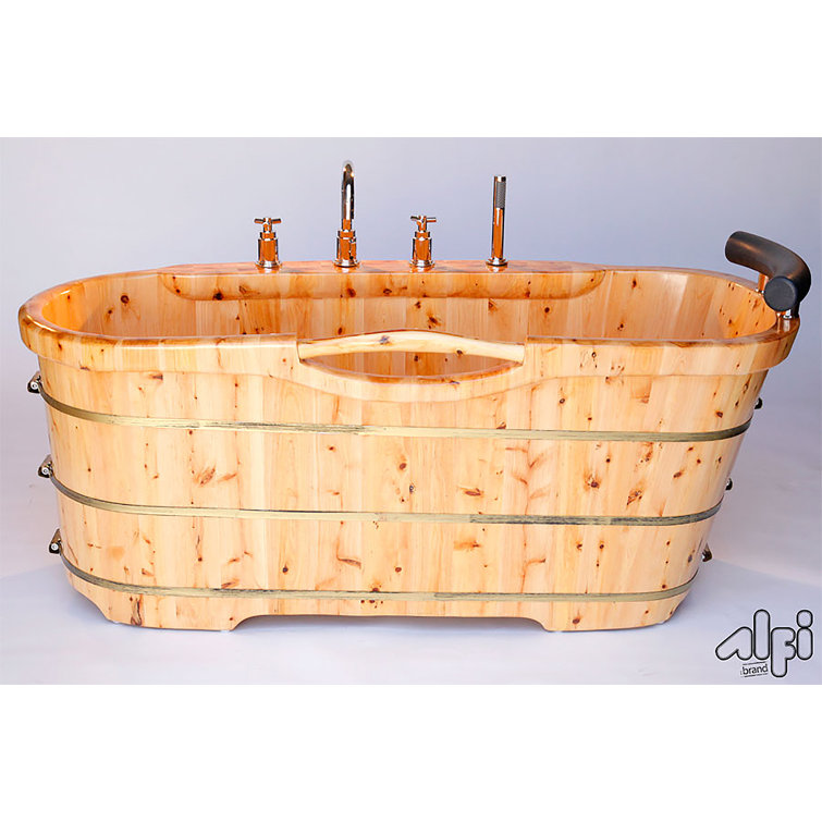 61'' Natural Cedar Freestanding Soaking Bathtub with Chrome Faucet