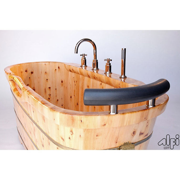61'' Natural Cedar Freestanding Soaking Bathtub with Chrome Faucet