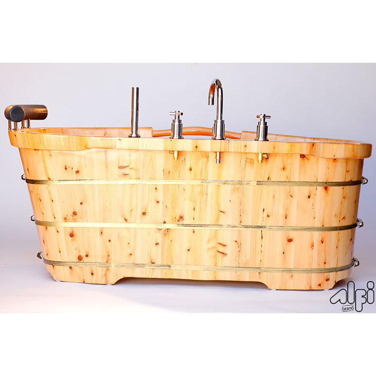 61'' Natural Cedar Freestanding Soaking Bathtub with Chrome Faucet