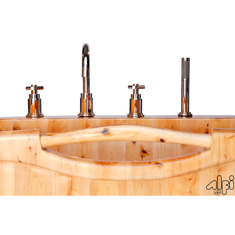 61'' Natural Cedar Freestanding Soaking Bathtub with Chrome Faucet