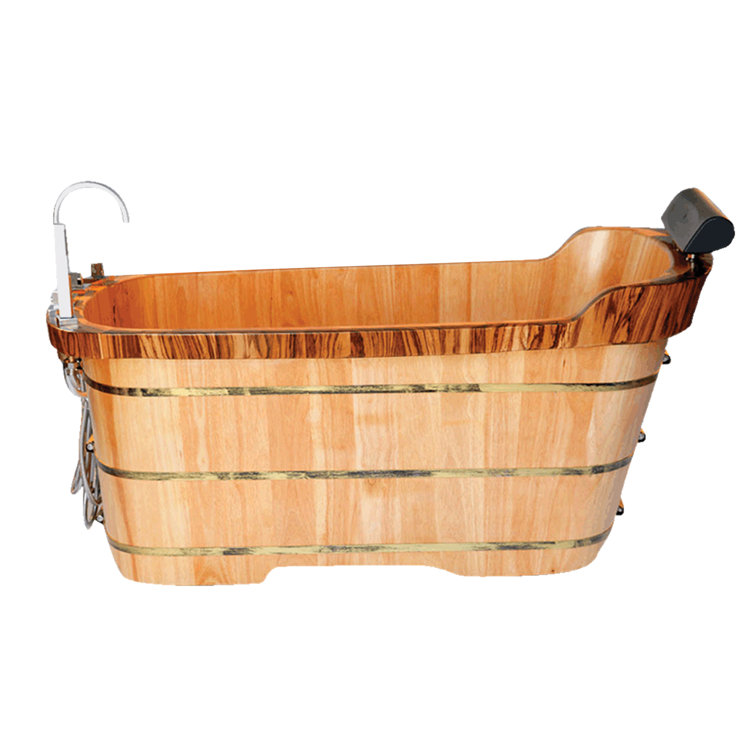 Natural Wood Freestanding Soaking Bathtub with Chrome Faucet