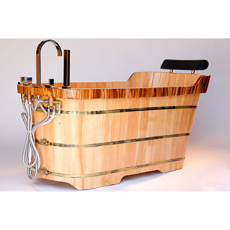 Natural Wood Freestanding Soaking Bathtub with Chrome Faucet