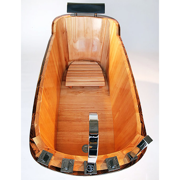 Natural Wood Freestanding Soaking Bathtub with Chrome Faucet
