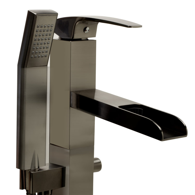 Brushed Nickel Floor Mounted Waterfall Tub Filler with Handheld Shower