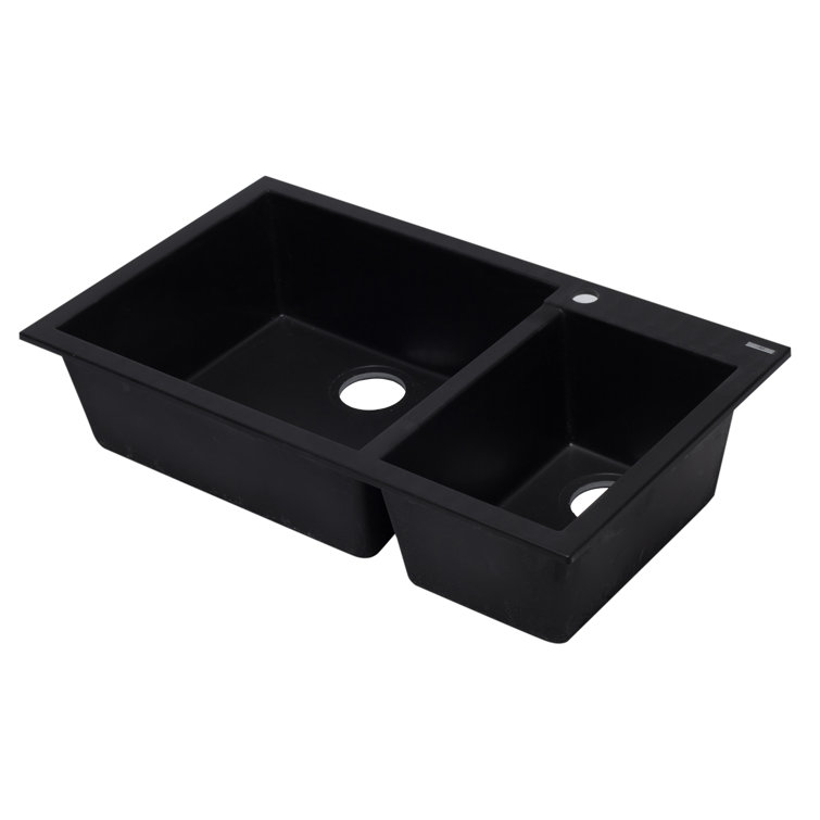 34'' Black Granite Double Bowl Drop-In Kitchen Sink