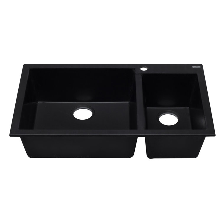 34'' Black Granite Double Bowl Drop-In Kitchen Sink