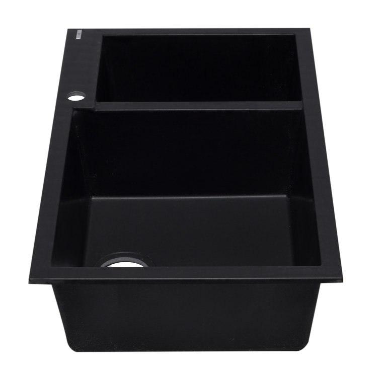 34'' Black Granite Double Bowl Drop-In Kitchen Sink