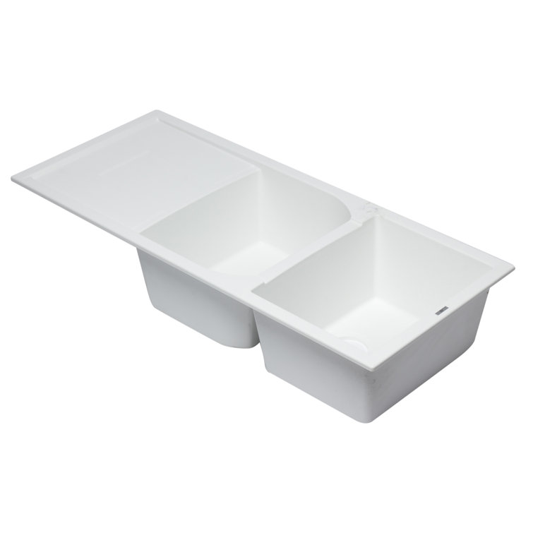 White 46'' Double Bowl Granite Drop-In Kitchen Sink with Drainboard