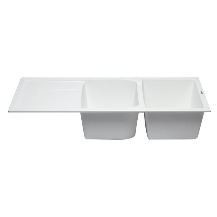 White 46'' Double Bowl Granite Drop-In Kitchen Sink with Drainboard