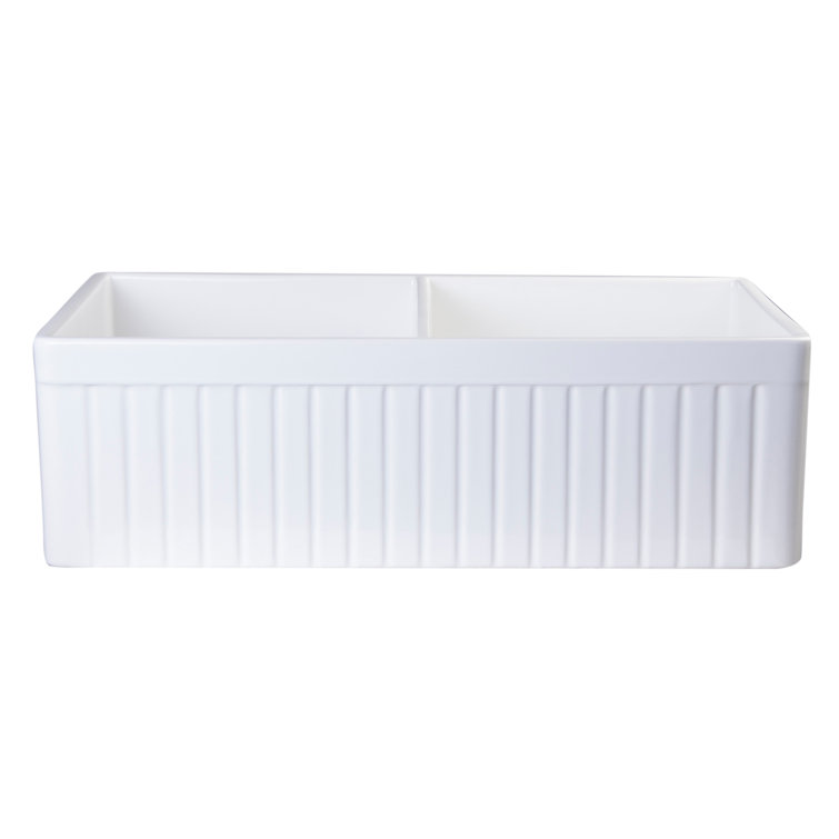 White 32.75'' Double Bowl Fluted Fireclay Farmhouse Sink