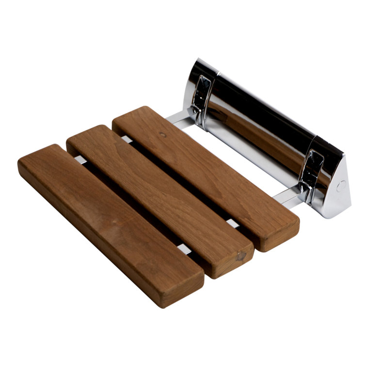 Natural Teak Wood Folding Shower Seat with Chrome Mount