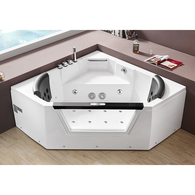 59'' White Acrylic Corner Whirlpool Bathtub with Glass Panel