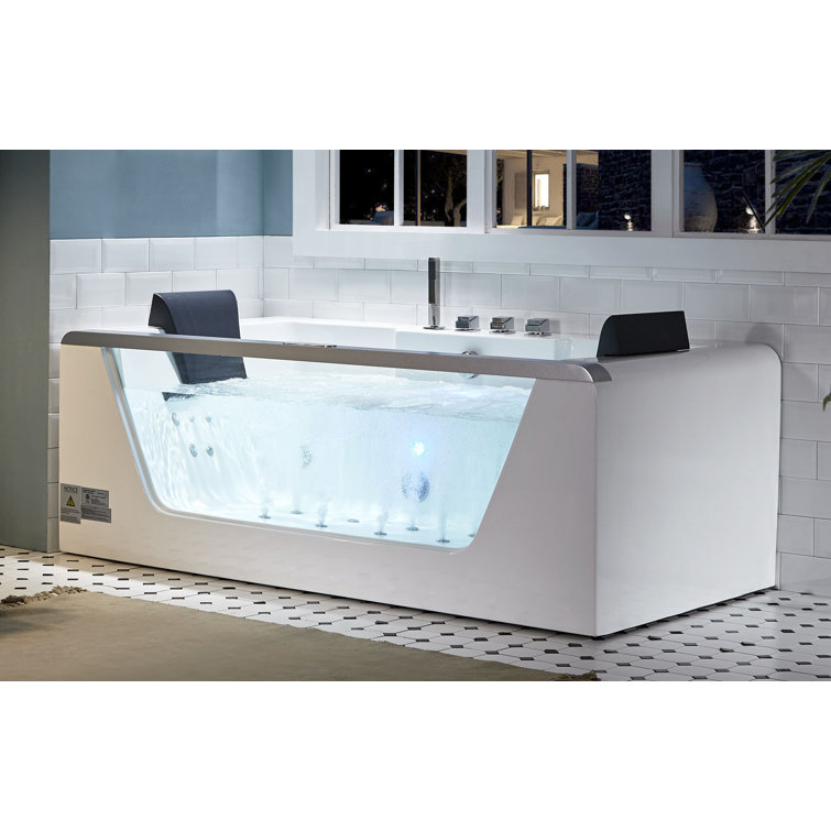 70.9'' White Acrylic Freestanding Whirlpool Bathtub with Glass Panel