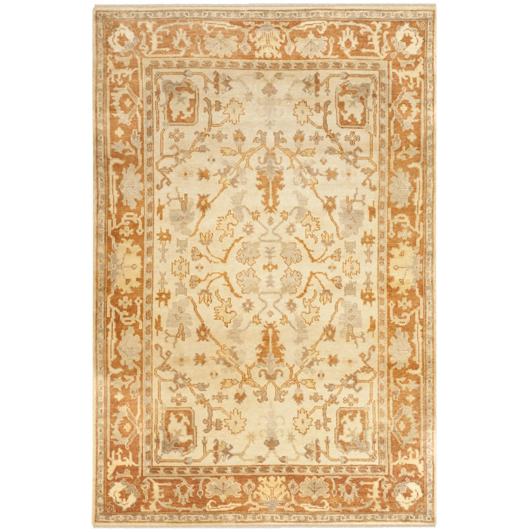 Ivory and Rust Hand-Knotted Wool Floral Area Rug 6' x 9'