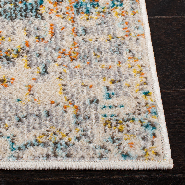 Grey and Turquoise 3' x 3' Square Synthetic Flat Woven Area Rug