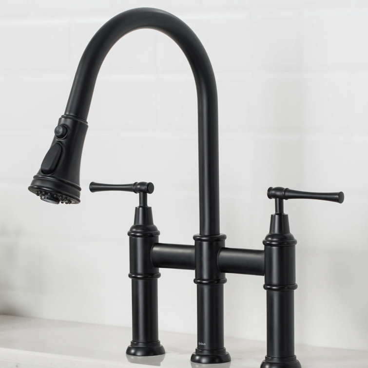 Stainless Steel Bridge Kitchen Faucet with Pull-out Spray and Filter