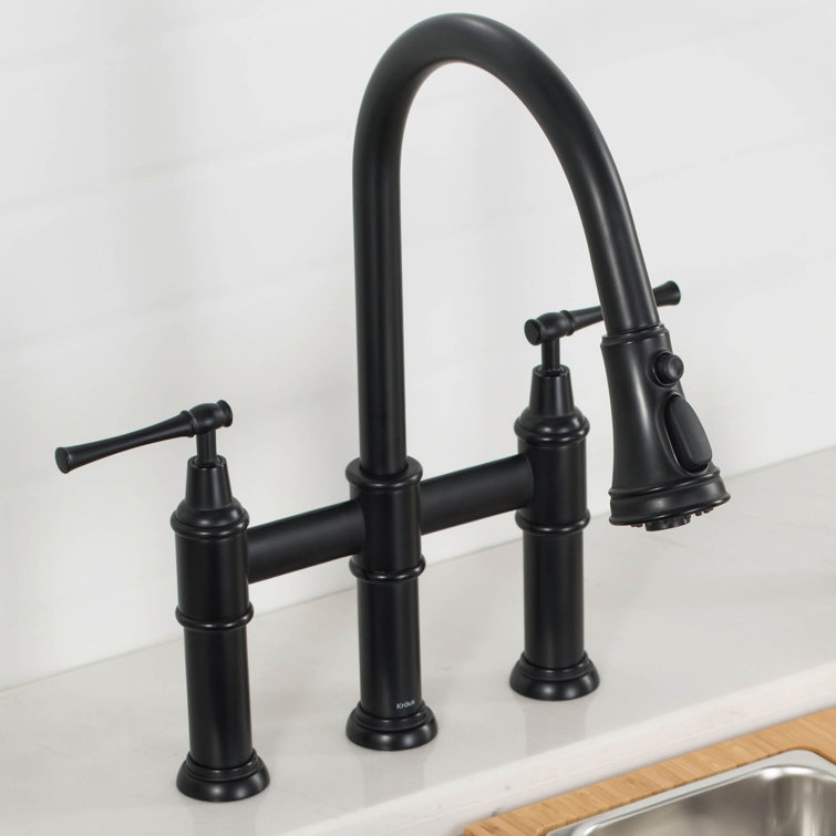 Stainless Steel Bridge Kitchen Faucet with Pull-out Spray and Filter