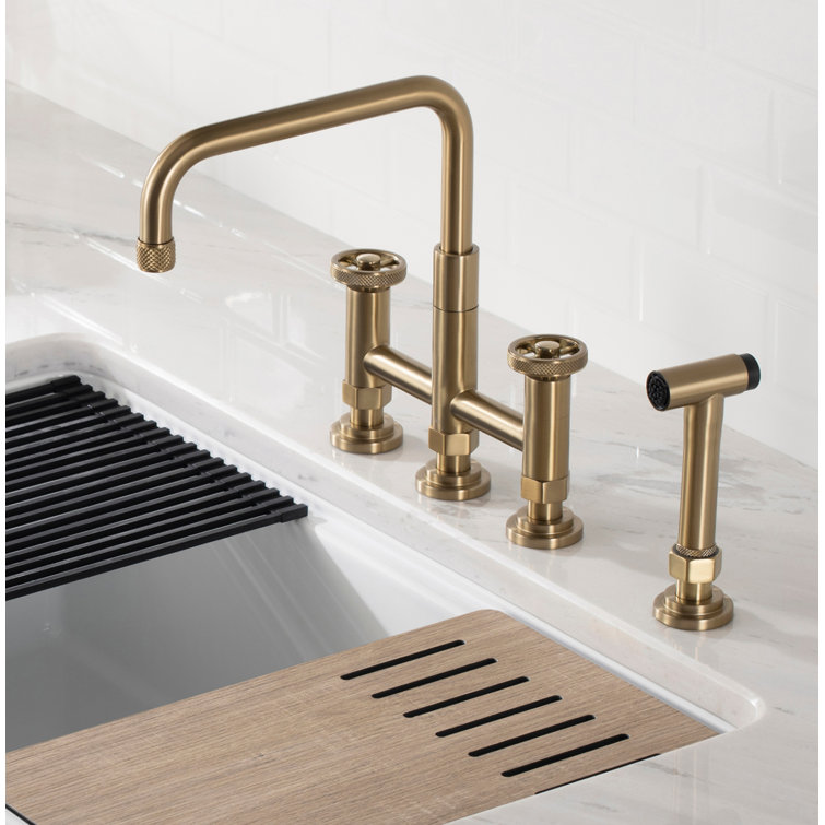 Urbix Brushed Gold Stainless Steel Bridge Faucet with Side Sprayer