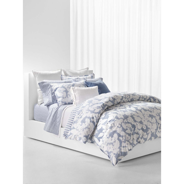 Chambray and Cream Floral Cotton Full/Queen Reversible Duvet Set
