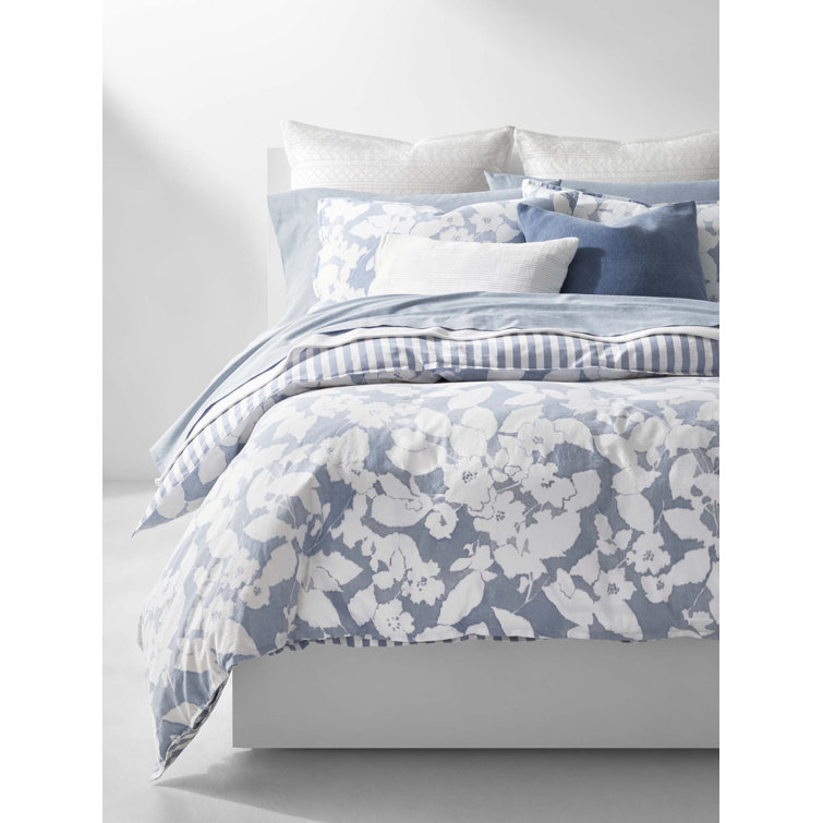 Chambray and Cream Floral Cotton King Duvet Set