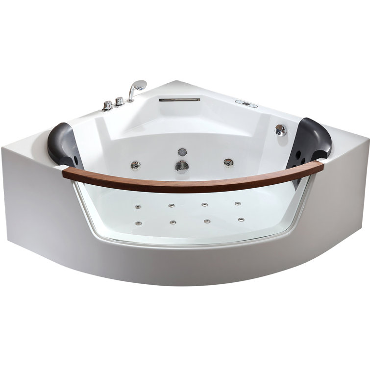 White Acrylic Corner Whirlpool Bathtub with Glass Panel