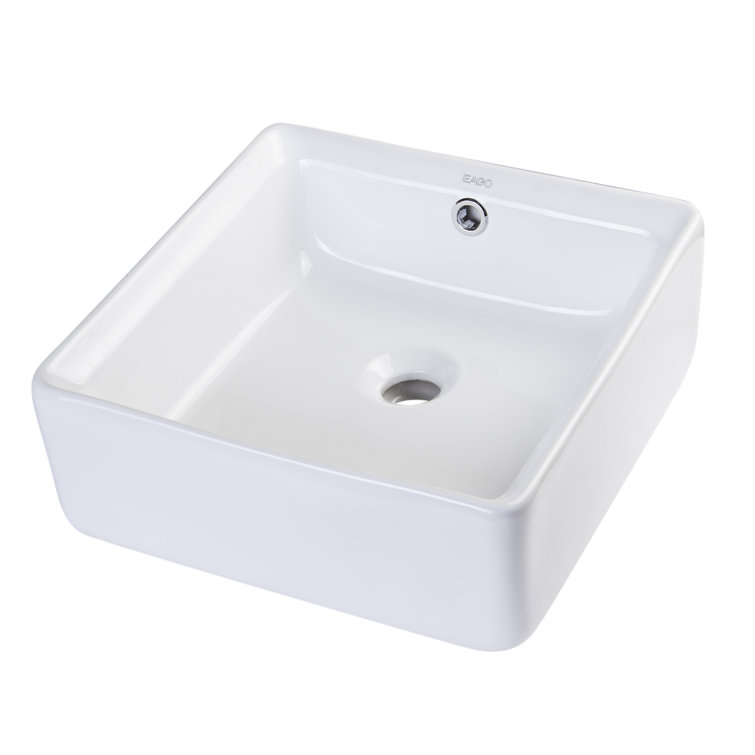 EAGO 15'' White Ceramic Square Bathroom Sink with Overflow