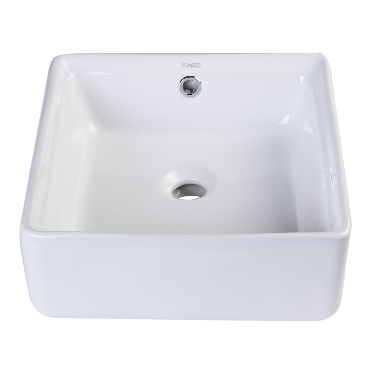 EAGO 15'' White Ceramic Square Bathroom Sink with Overflow