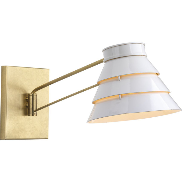 Sarah Steel Dimmable Swing Arm Sconce in Brushed Brass with Louvered White Shade