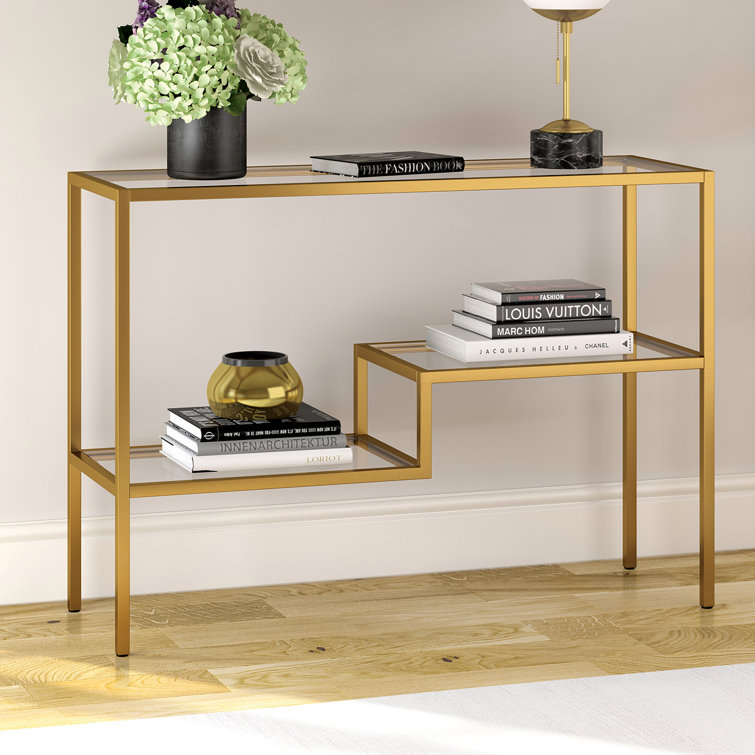 Evelyn&Zoe Lovett Modern Brushed Gold Console Table with Tempered Glass Shelves