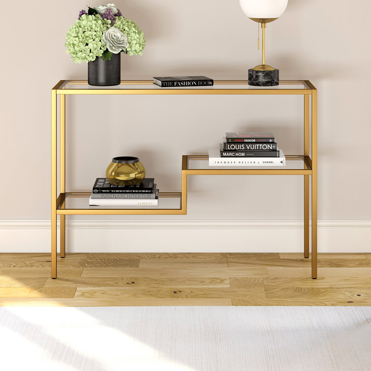 Evelyn&Zoe Lovett Modern Brushed Gold Console Table with Tempered Glass Shelves