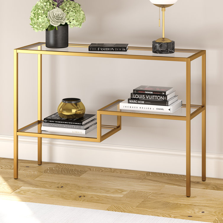 Evelyn&Zoe Lovett Modern Brushed Gold Console Table with Tempered Glass Shelves