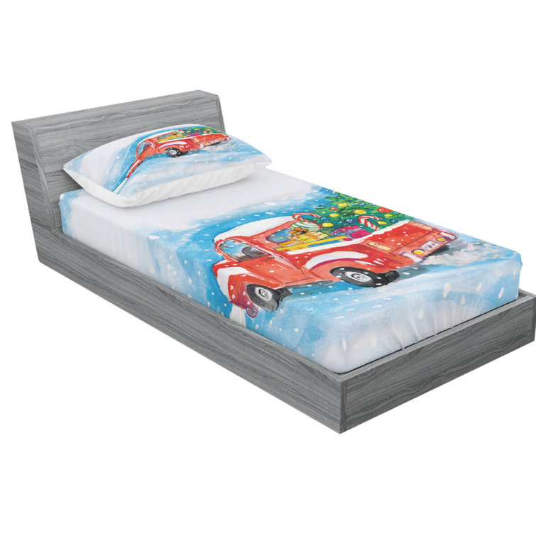 Twin Blue Microfiber Christmas Truck Print Sheet Set