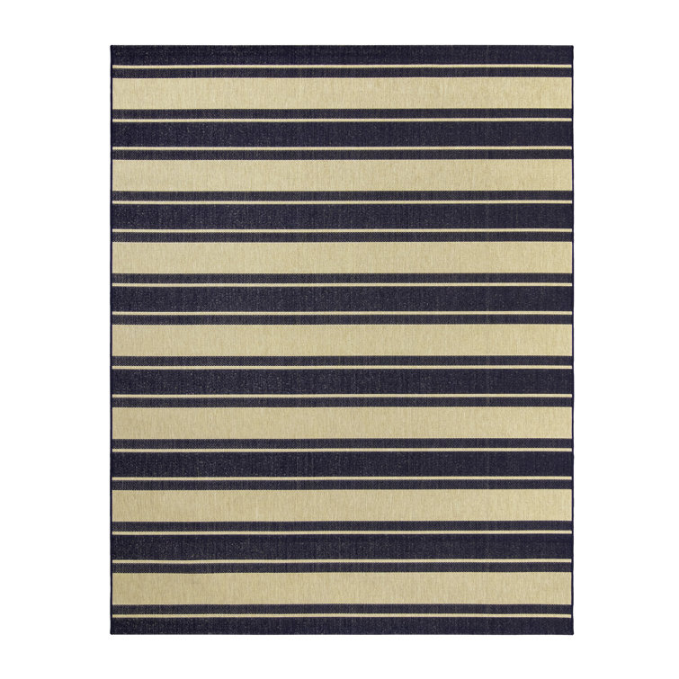 Navy and Beige Striped Synthetic Outdoor Area Rug, 6' x 9'