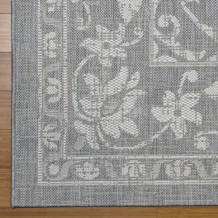 Gray and Cream Synthetic Flat Woven Reversible Rug, 5' x 7'