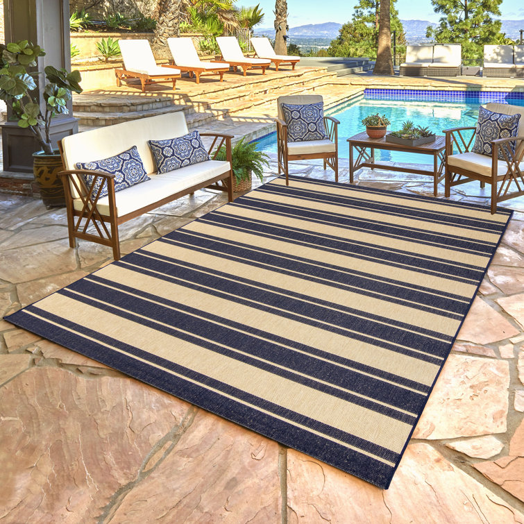 Coastal Navy Blue & Beige Striped Synthetic 8' x 10' Area Rug