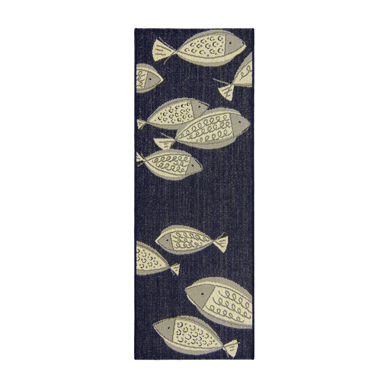 Navy Blue Fish Pattern Flatweave Indoor/Outdoor Rug